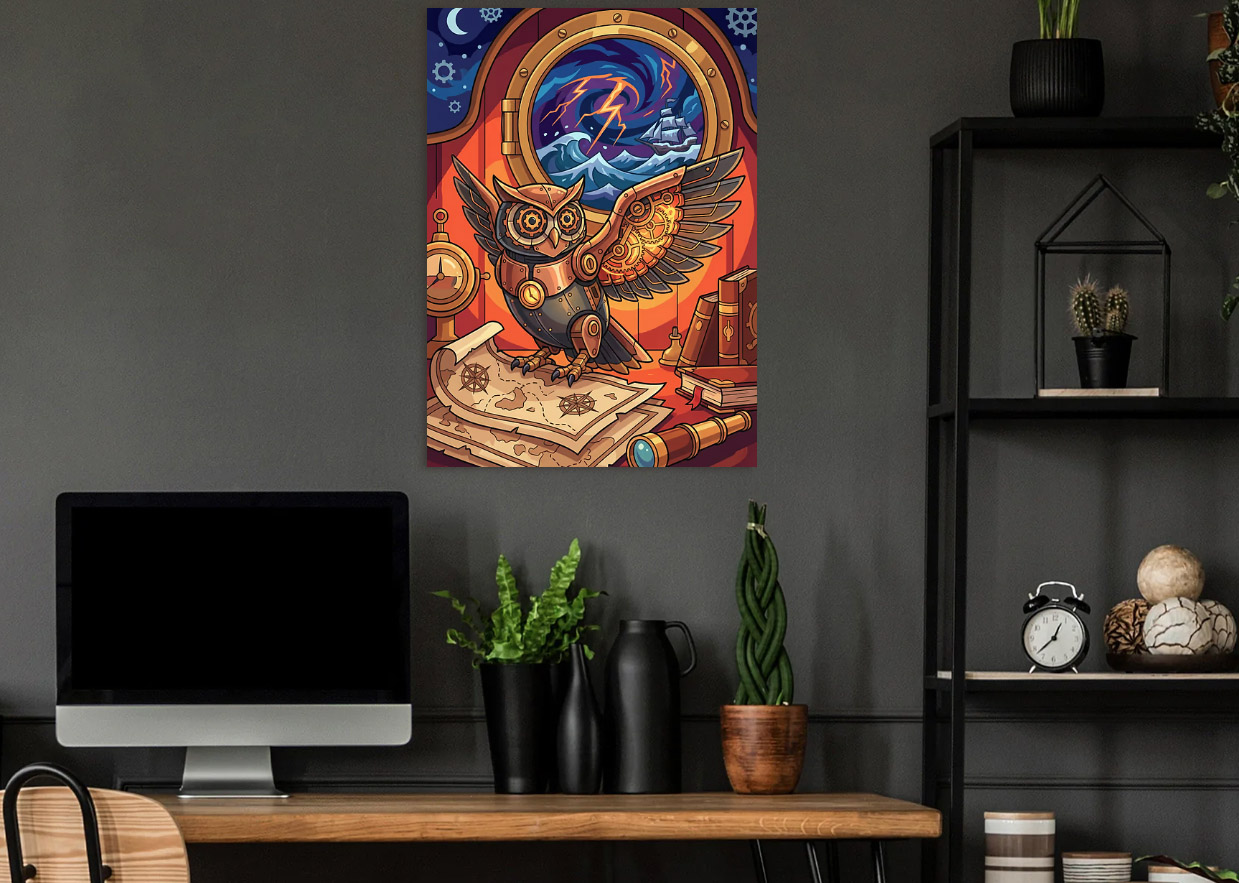 Steampunk Owl with Nautical Gear — metal poster wall art by Lineer